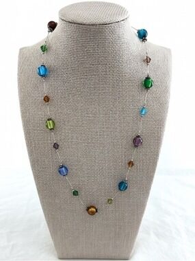 Artisan Multicolor Floating Glass Bead Station Necklace Silver Tone Adjustable